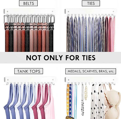 2Pack Tie Rack Wall Mounted, Wooden Tie Hanger Tie Organizer for Men with 28 Folding Hooks, Space Saving Tie Holder and Belt Rack for Closet, White