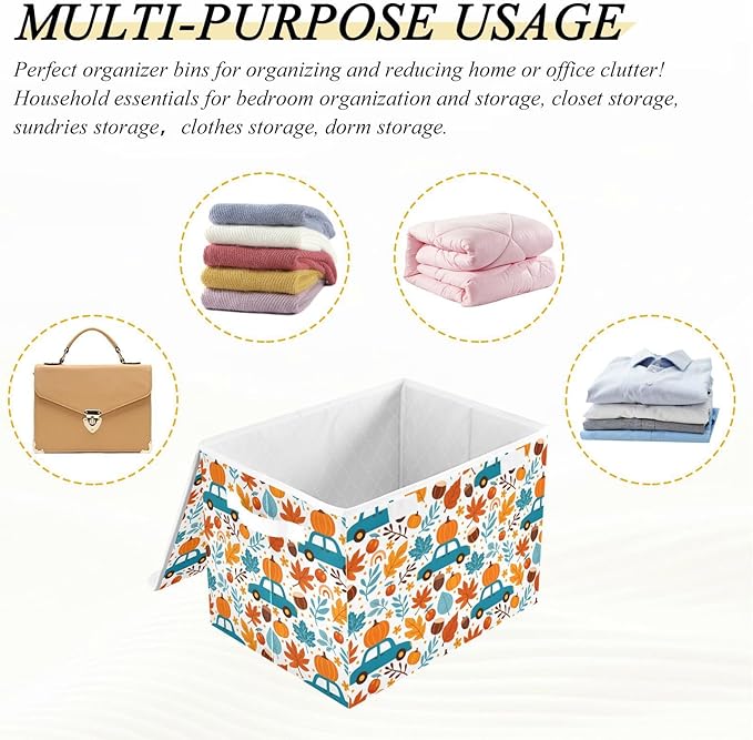 senya Thanksgiving Storage Baskets Collapsible Storage Bins with Lids, Thanksgiving Fall Maple Leaves Truck Pumpkins Storage Boxes Clothes Baskets for Organizing