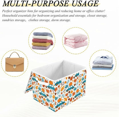 senya Thanksgiving Storage Baskets Collapsible Storage Bins with Lids, Thanksgiving Fall Maple Leaves Truck Pumpkins Storage Boxes Clothes Baskets for Organizing