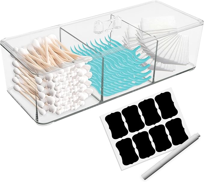 Square Qtip Holder, 3 Compartments Cotton Ball Holder, Box with Lid in Bathroom, Qtip Dispenser Containers for Cotton Swabs & Ball, Make Up Pads (Transparent)