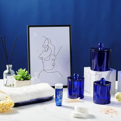 SheeChung 6-Pack Blue Acrylic Apothecary Jars - (3) 12oz & (3) 10oz Qtip Holder Set with Labels - Shatterproof Bathroom Vanity Organizer for Cotton Swabs, Balls, Pads - Coastal Decor