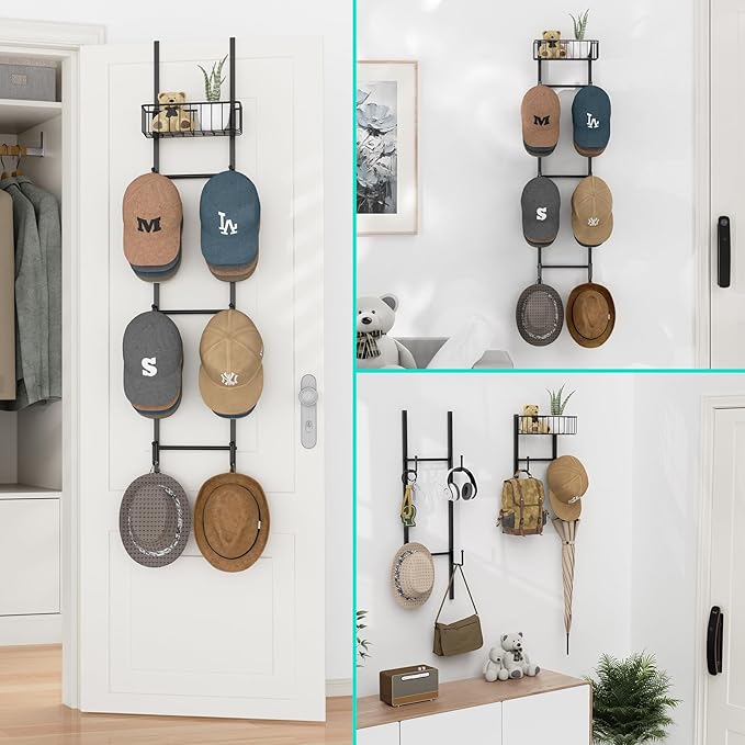 HapiRm Over Door Hat Rack - Wall Mounted Hat Organizer with 6 Hooks and Metal Basket Design, Baseball Cap Organizer Storage Holder Up to 32 Caps for Door, Bedroom, Closet (Black)