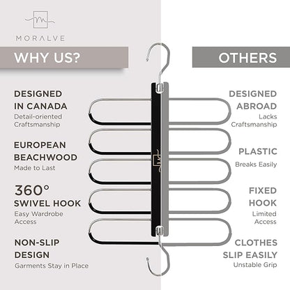 MORALVE Pants Hangers Space Saving - 4 Pack European Beechwood Scarf and Jean Hangers - Closet Organizer and Space Saver Pant Rack, Leggings Hanger, and Scarf Holder with 360° Swivel Hook