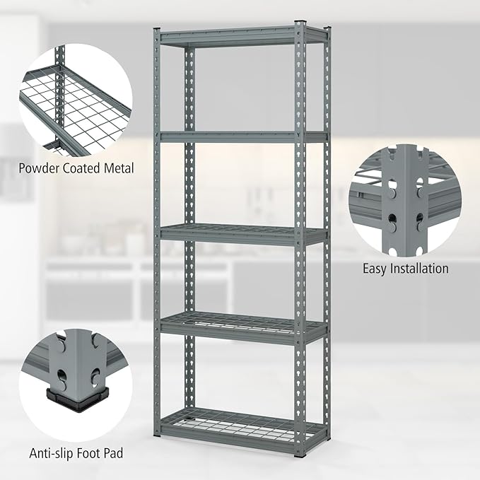 Goplus 5-Tier Metal Shelving Unit, Heavy Duty Wire Storage Rack with Anti-Slip Foot Pads, Height Adjustable Shelves for Warehouse, Kitchen, Living Room, Garage, 12" D x 27.5" W x 66" H