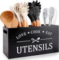 Black Farmhouse Utensil Holder for Kitchen Counter Extra Large Cooking Utensil Holder Caddy Utensils Storage Organizer for Countertop Rustic Wood Kitchen Tool Decor Utensil Crock Spatula Holder