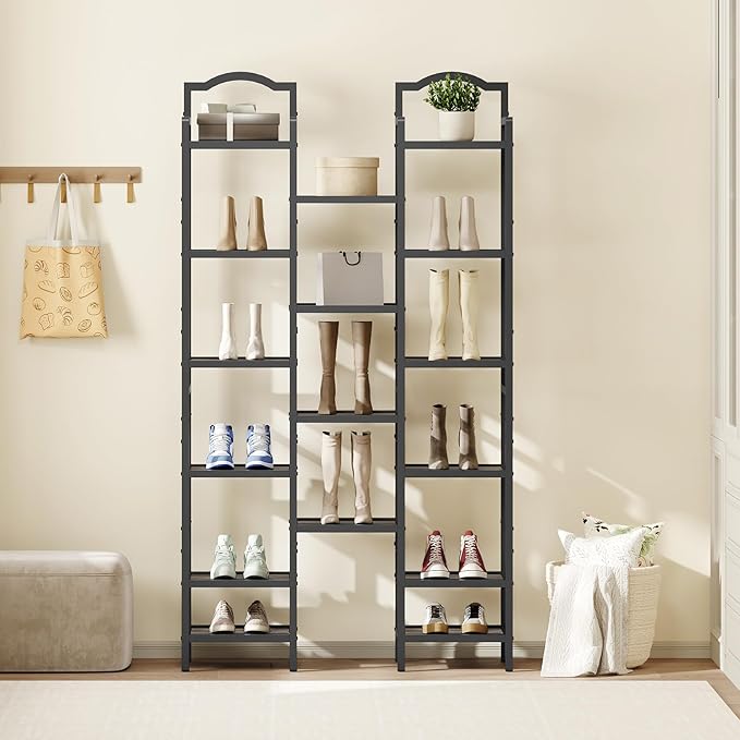 YATINEY 10-Tier Tall Shoe Rack, Vertical Shoe Organizer for Small Spaces, Wooden Shoe Shelf for Entryway, Space Saving Shoe Storage, Holds 10 Pairs of Shoes, Charcoal Gray and Black SS50BC