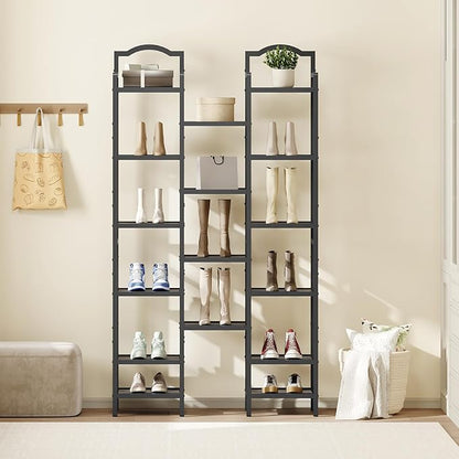 YATINEY 10-Tier Tall Shoe Rack, Vertical Shoe Organizer for Small Spaces, Wooden Shoe Shelf for Entryway, Space Saving Shoe Storage, Holds 10 Pairs of Shoes, Charcoal Gray and Black SS50BC