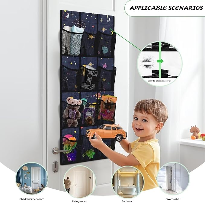Over the Door Organizer with 12 Mesh Pockets, Storage Hanging Bag Behind the Door for Shoes Toys Cleaning Supplies, Perfect for Bedroom Bathroom or College Dorm, Planet