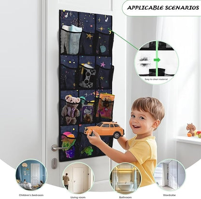 Over the Door Organizer with 12 Mesh Pockets, Storage Hanging Bag Behind the Door for Shoes Toys Cleaning Supplies, Perfect for Bedroom Bathroom or College Dorm, Planet