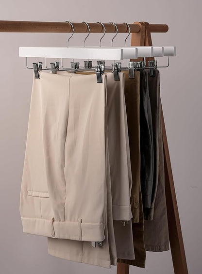 Wooden Pants Hangers, Solid Wood Bottom Jeans Skirt Hanger with 2-Adjustable Clips Anti Rust Hook (10)