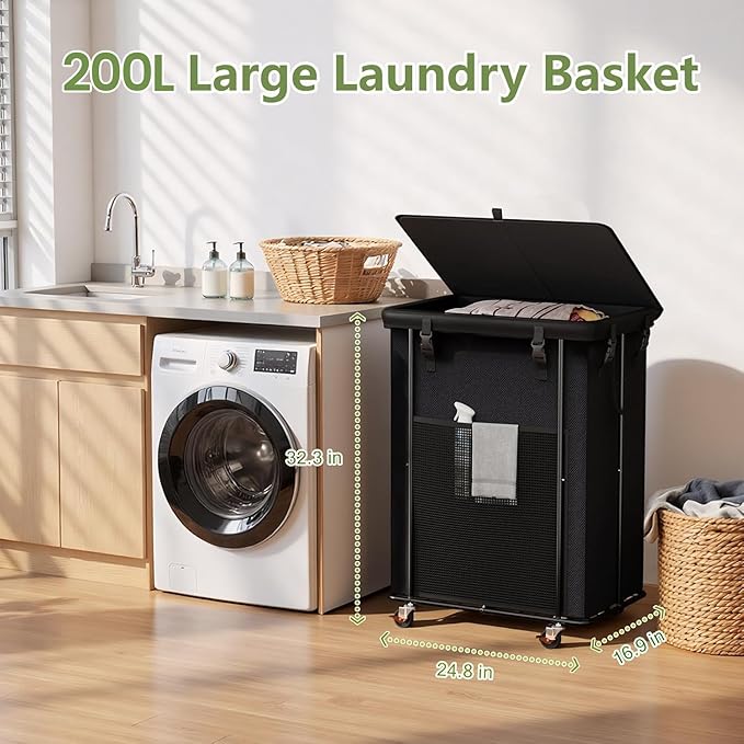 220L Laundry Hamper with Lid, Rolling Laundry Basket with Wheels, Large & Tall Dirty Clothes Hamper with Metal Frame and Removable Bag for Bedroom Aesthetic, Laundry Room, Bathroom, Dorm