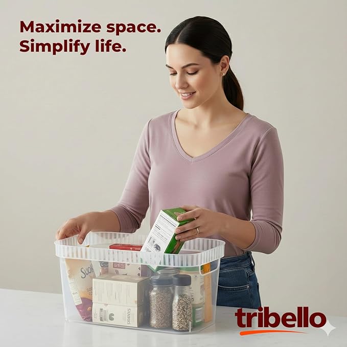 Tribello Narrow Storage Bins – Slim, Clear Plastic Storage Basket, Clear Organizer for Tight Spaces (2 Pack, 15” x 6” x 6”)