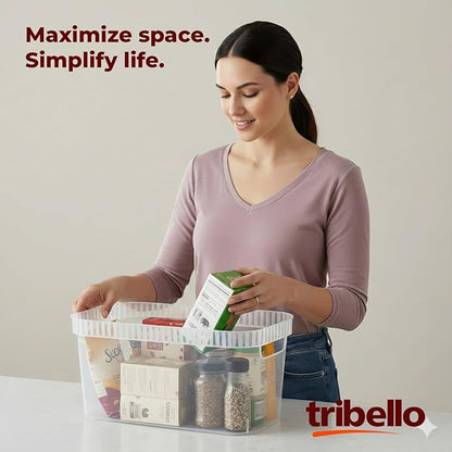 Tribello Modern Narrow Organizer Storage Bin, Slim Clear Plastic Household Storage Container for Kitchen Pantry storage, Under Sink Bin, Bathroom/Laundry Room - 6 Pack (Narrow - 15” X 6” X 6”)