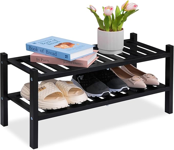 VICTORY RELAX 2-Tier Acacia Wood Shoe Rack - Stackable Entryway Organizer for Closet, Entryway, Easy Assembly, Indoor/Outdoor Storage Stand (Black)