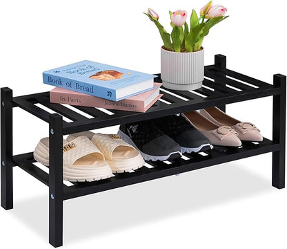 VICTORY RELAX 2-Tier Acacia Wood Shoe Rack - Stackable Entryway Organizer for Closet, Entryway, Easy Assembly, Indoor/Outdoor Storage Stand (Black)