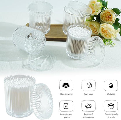 2 Pack Glass Container Qtip Holder with Lid, Mouthwash Cup,Cosmetic Storage for Bathroom,Glass Jars for Cotton Swabs,Makeup Pads,Dental Flossers,Jewelry Trays,Glass holders,Clear