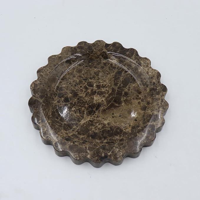 Round Marble Decorative Tray with Scalloped Edge, Luxury Natural Stone Bathroom Vanity Tray, Dresser Top Perfume Coffee Home Kitchen Sink Tray, Key Trinket Ring