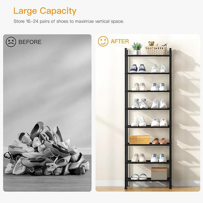 8 Tiers Narrow Shoe Rack 16-24 Pairs, Sturdy Metal Tall Shoe Rack with 4 Hooks, Slim Shoe Storage Organizer with Metal Shelf, Space Saving Vertical Shoe Shelf for Entryway, Closets, Black