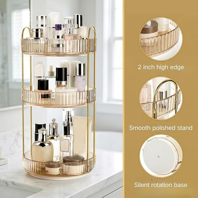 Cididu 360 Rotating Makeup Organizer, 3 Tiers Plastic Bathroom Spinning Holder Rack, Round Lazy Susan Organizer, Large Capacity Countertop Shelf for Cosmetics, Perfume, Skincare, Spice, Toiletries