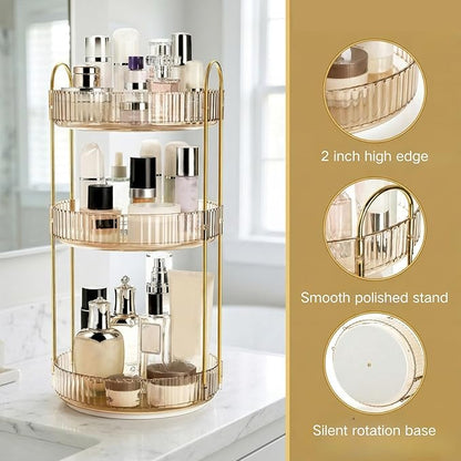 Cididu 360 Rotating Makeup Organizer, 3 Tiers Plastic Bathroom Spinning Holder Rack, Round Lazy Susan Organizer, Large Capacity Countertop Shelf for Cosmetics, Perfume, Skincare, Spice, Toiletries