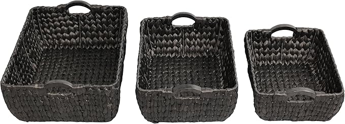 happimess BSK2020C-3SET Astor Bohemian Farmhouse Handwoven Water Hyacinth Nesting Storage Baskets with Wood Handles, Seagrass Containers for Decoration in Living Room, Bedroom, Black (Set of 3)