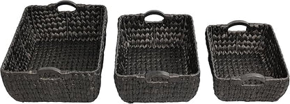 happimess BSK2020C-3SET Astor Bohemian Farmhouse Handwoven Water Hyacinth Nesting Storage Baskets with Wood Handles, Seagrass Containers for Decoration in Living Room, Bedroom, Black (Set of 3)