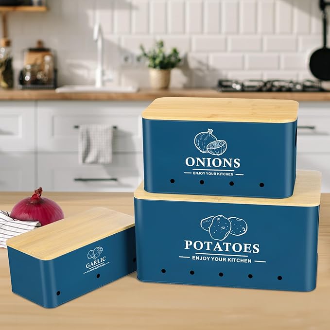 Kitchen Vegetable Storage Set of 3, Metal Onion Garlic Potato Storage Set, Kitchen Canisters Vegetable Keeper Containers with Aerating Holes and Wooden Lid (Dark Blue)