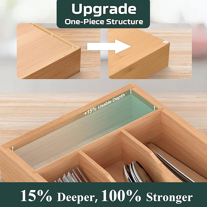 Small Silverware Organizer, Bamboo Kitchen Drawer Organizer, Utensil Holder, Cutlery Tray & Spoon Flatware Storage with Grooved Drawer Dividers (6.7''W x 12''D)