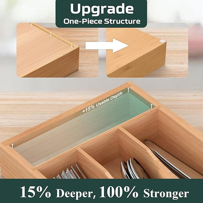 Small Silverware Organizer, Bamboo Kitchen Drawer Organizer, Utensil Holder, Cutlery Tray & Spoon Flatware Storage with Grooved Drawer Dividers (6.7''W x 12''D)