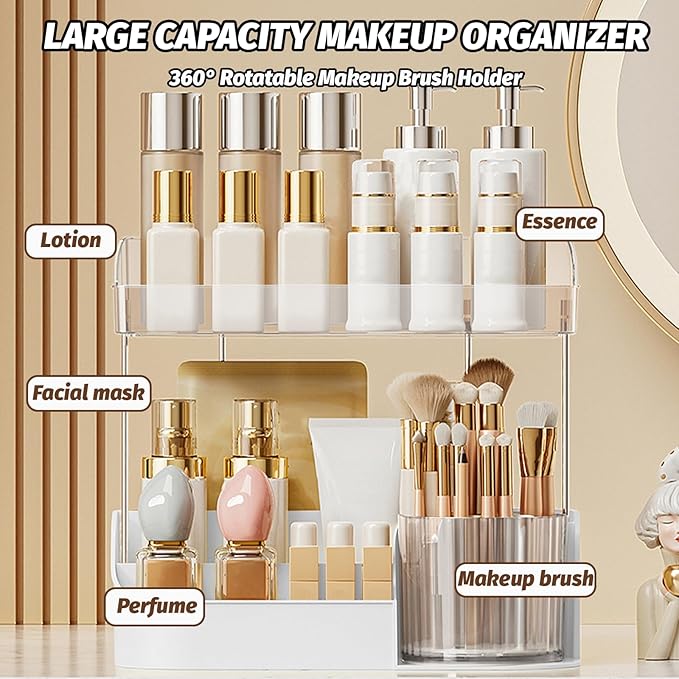 DASITON Large Capacity Makeup Organizer with 360° Rotating Makeup Brush Holder, Perfume and Skincare Storage Organizers for Vanity Bathroom Countertop, Cosmetic Display Case (White, 2 Tier)