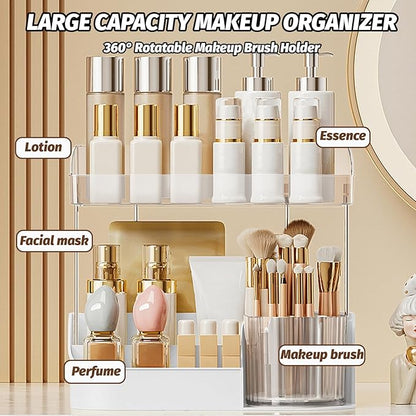 DASITON Large Capacity Makeup Organizer with 360° Rotating Makeup Brush Holder, Perfume and Skincare Storage Organizers for Vanity Bathroom Countertop, Cosmetic Display Case (White, 2 Tier)