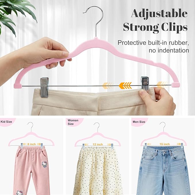 HOUSE DAY Velvet Skirt Hangers - Pink Velvet with Adjustable Clips, Space Saving, Slim, Heavy Duty and Non Slip for Pants, Skirts, Shorts - 24 Pack