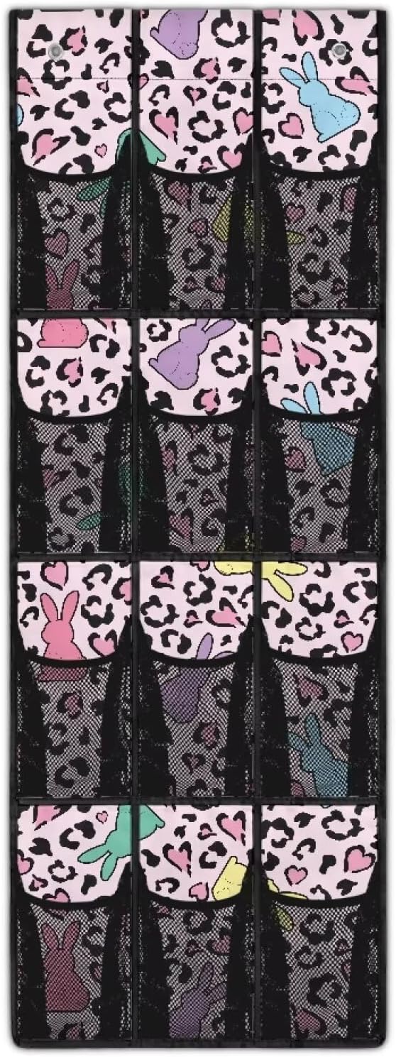 Colorful Leopard Prints Hanging Storage Bags,Shoe Organizer Door Hanger with 12 Mesh Large Pockets,Space Saver Hanging Shoe Storage Hanging Bag