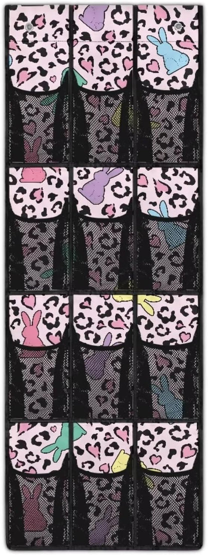 Colorful Leopard Prints Hanging Storage Bags,Shoe Organizer Door Hanger with 12 Mesh Large Pockets,Space Saver Hanging Shoe Storage Hanging Bag