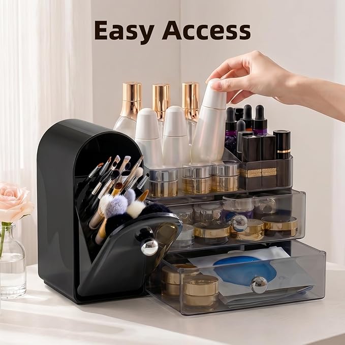 Makeup Organizer with Dustproof Brush Holder, Large Capacity Skincare & Cosmetic Storage for Vanity, 3-Tier Bathroom Countertop Organizer with Drawers for Perfume, Lipstick, Mask, Ideal Gift (Black)