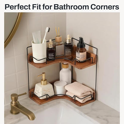 2-Tier Bathroom Counter Organizer, Wooden Corner Shelf for Vanity Countertop Skincare & Makeup, Storage and Organization for Kitchen