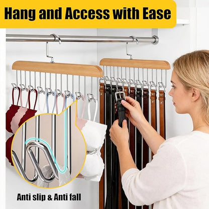 Bra Hangers 3 Pack - with 16 Non-Slip 360Rotating Metal Hooks for Tie, Hat, Bra, Wooden Multi Hook Hanger - Saves Space