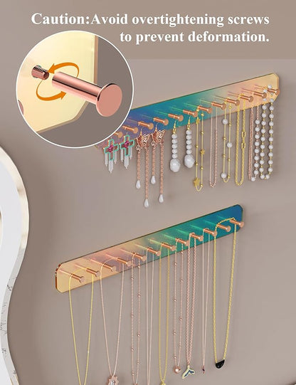 NiHome Wall Mount Acrylic Jewelry Organizer 2-Pack, Durable Sleek Rack Strong Carbon Steel Hooks for Dressing Table, Bathroom, Kitchen, Hassle-Free Installation Multiple Mounting Options (Iridescent)