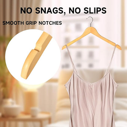 Premium Wooden Top Hangers, Heavy Duty Solid Wood Suit Hangers with 360° Swivel Hook & Anti-Slip Notches, Durable Clothes Hangers for Jackets, Coats, Shirts & Dresses(Natural Wood/24-Pack)