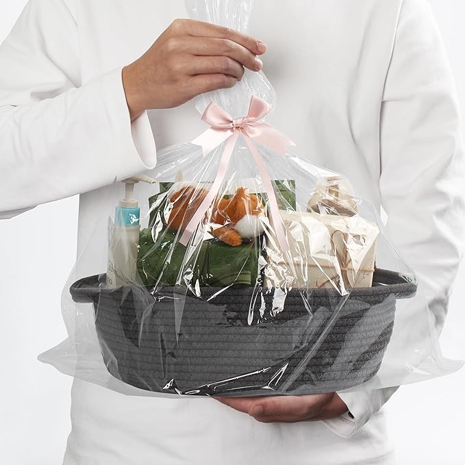 MEGASKET Small Rope Basket, Baskets for Gifts Empty, Cute Woven Basket for Dog Toy, Cat Toy Bin Box, Wicker Organizing Basket for Book, Baby Diaper, Towels, Snack, 13” x 9” x 5”, Dark Gray