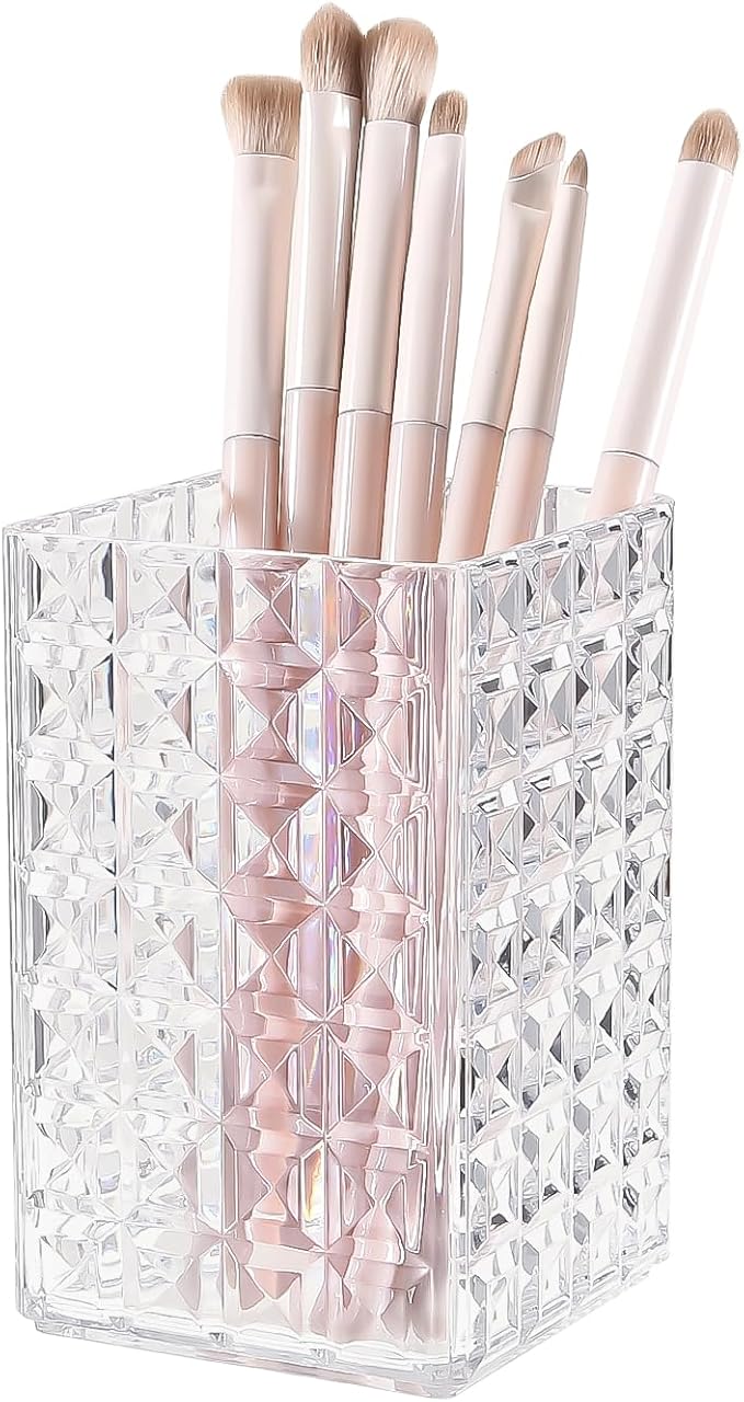 DASITON Makeup Brush Holder Organizer, Acrylic Makeup Brush Cup, Diamond Striped Make Up Brush Holder for Vanity, Bathroom Countertop, Toothbrush Holders, Pen Holder for Desk Storage (Clear)
