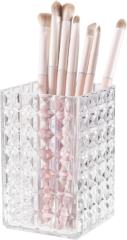 DASITON Makeup Brush Holder Organizer, Acrylic Makeup Brush Cup, Diamond Striped Make Up Brush Holder for Vanity, Bathroom Countertop, Toothbrush Holders, Pen Holder for Desk Storage (Clear)