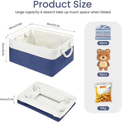 Large Storage Baskets- 15.7x11.8x8.26 inch Storage Bins for Shelves and Closet Organizing, Foldable Fabric Bin for Home Organization Clothes and Laundry (1-Pack, White&Blue)