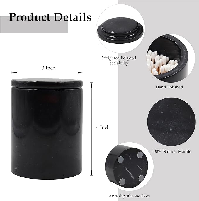 Black Marble Qtip Holder for Bathroom 4" Canister with Lid for Cotton Swabs, Balls, Pads, Floss Picks, Bath Salts - Vanity Makeup Storage Organizer Bathroom Essentials Accessories Decor