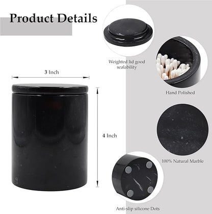 Black Marble Qtip Holder for Bathroom 4" Canister with Lid for Cotton Swabs, Balls, Pads, Floss Picks, Bath Salts - Vanity Makeup Storage Organizer Bathroom Essentials Accessories Decor