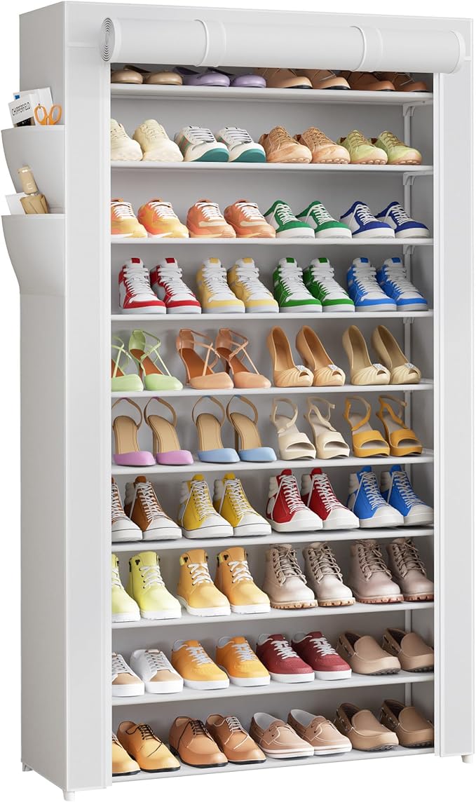 Kitsure Shoe Rack - 10-Tier Shoe Organizer with Zippered Dust Cover & Side Pockets, Easy to Assemble, Space Saving Shoe Rack for Closet, Entryway, Living Room, 33" x 12.4" x 69.3", White