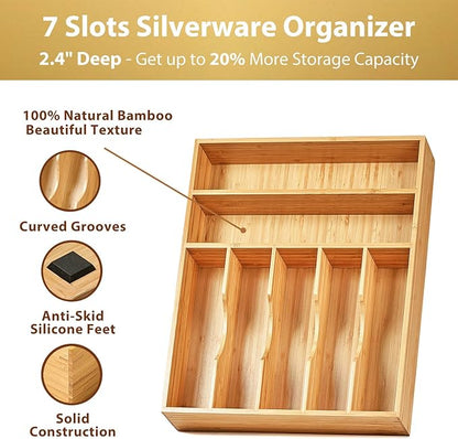 Umilife Kitchen Drawer Organizer, 12.5 Inch Silverware Utensil Tray Holder, Extra Deep, with Non-Slip Feet & Grooved Drawer Divider, 7 Slots Total Bamboo Wood Caddy for Flatware Cutlery Knives