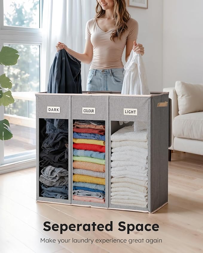 SOLEDI 200L 3-Section Laundry Hamper with Lid, Extra Large Dirty Clothes Basket with Sturdy Handles for Laundry Room & Bedroom - Durable Organizer for Sorting Laundry