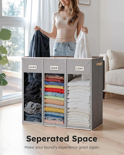 SOLEDI 200L 3-Section Laundry Hamper with Lid, Extra Large Dirty Clothes Basket with Sturdy Handles for Laundry Room & Bedroom - Durable Organizer for Sorting Laundry