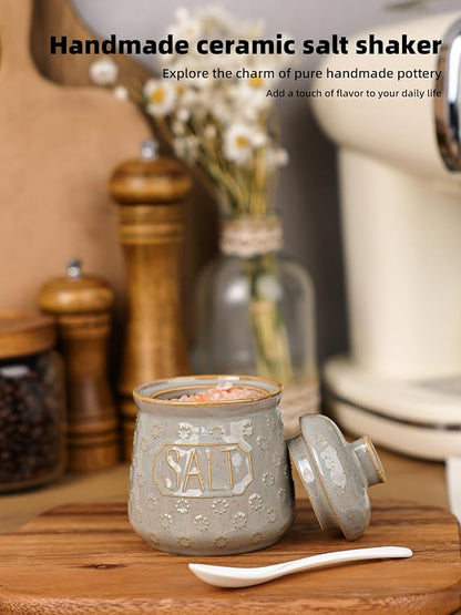 Salt & Pepper Bowl with Lid and Spoon, 10 OZ Ceramic Spices Cellar for Kitchen Counter top, Farmhouse Kitchen Decor (Vintage Grey, 4.3" Label Salt)